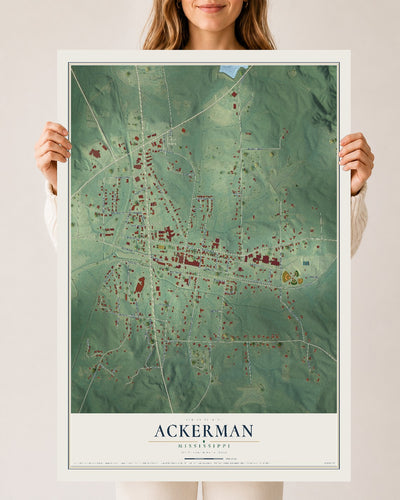Map of Ackerman, Mississippi, 24 x 36 inch unframed archival matte print