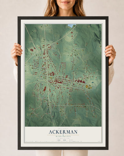 Map of Ackerman, Mississippi, 24 x 36 inch print in a black wood frame