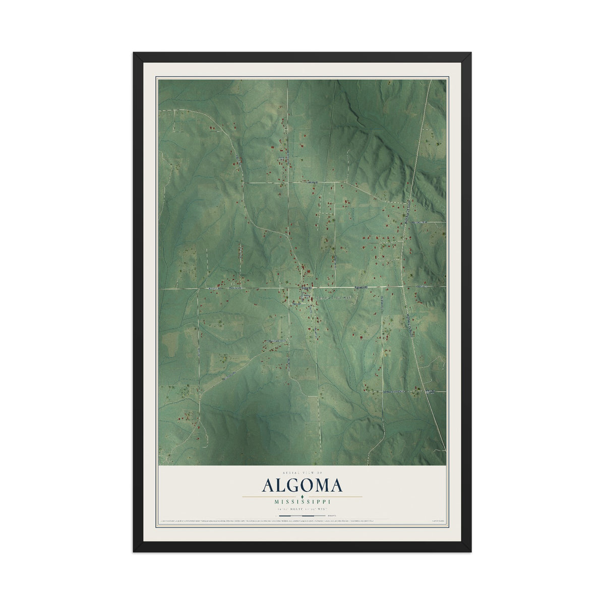 Map of Algoma, Mississippi, 12 x 18 inch print in a black wood frame
