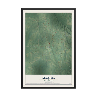 Map of Algoma, Mississippi, 12 x 18 inch print in a black wood frame