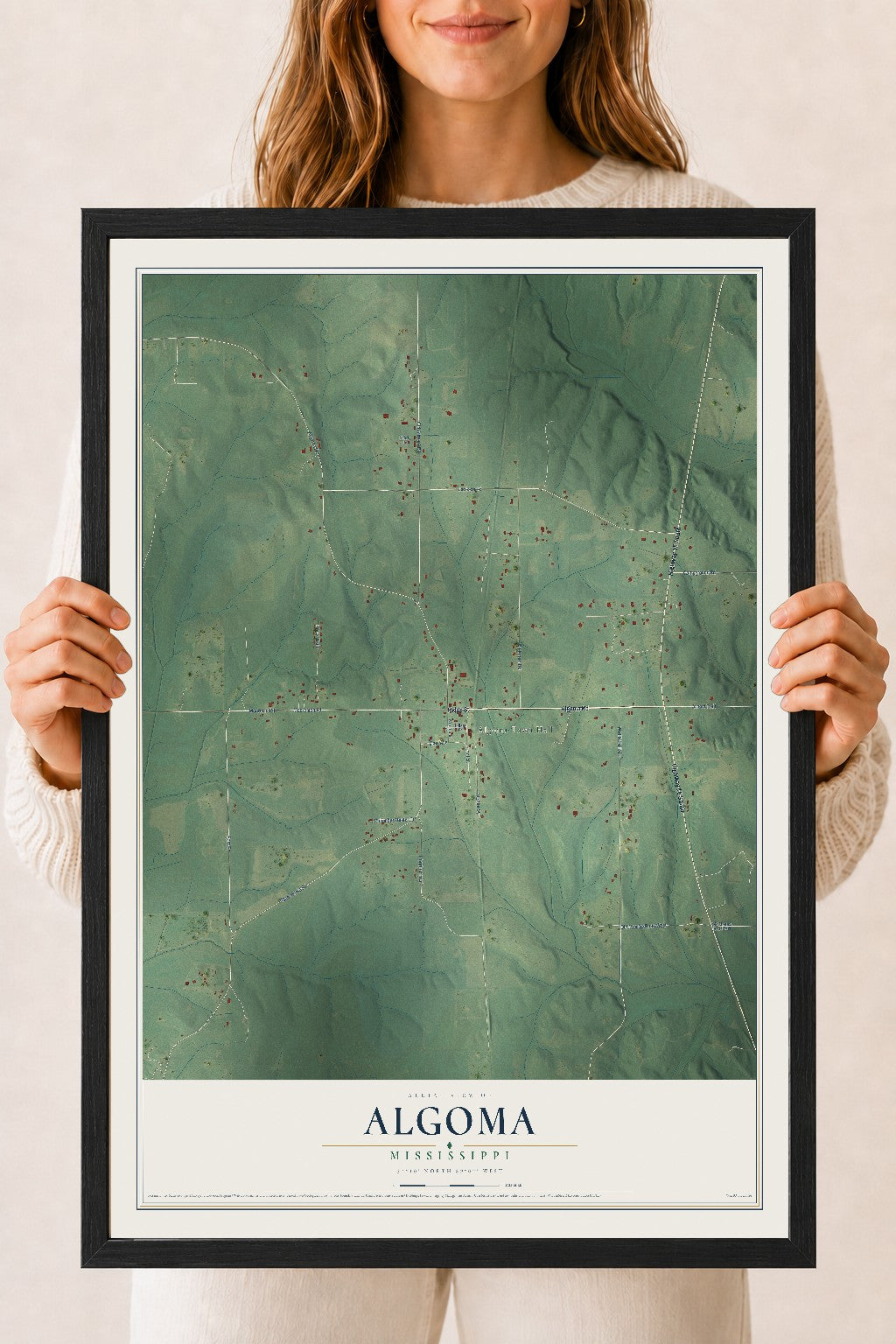 Map of Algoma, Mississippi, 18 x 24 inch print in a black wood frame