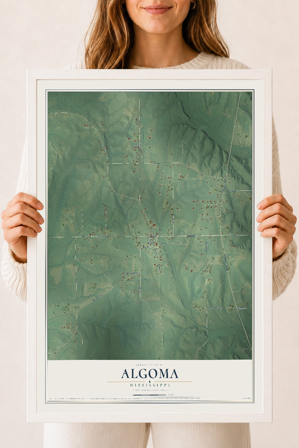 Map of Algoma, Mississippi, 18 x 24 inch print in a white wood frame