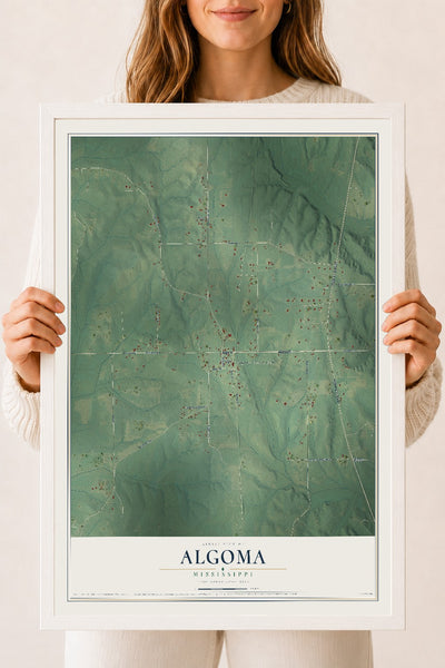 Map of Algoma, Mississippi, 18 x 24 inch print in a white wood frame