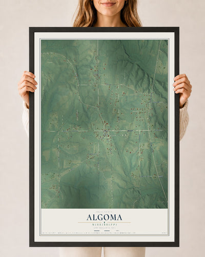 Map of Algoma, Mississippi, 24 x 36 inch print in a black wood frame
