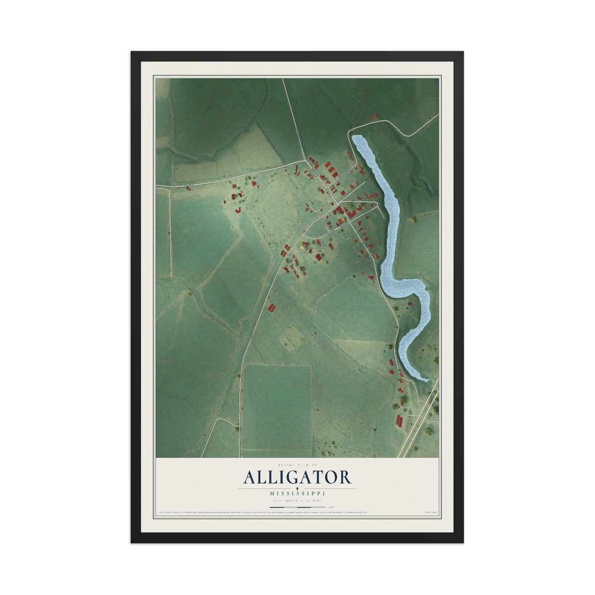 Map of Alligator, Mississippi, 12 x 18 inch print in a black wood frame