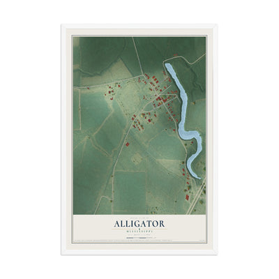 Map of Alligator, Mississippi, 12 x 18 inch print in a white wood frame