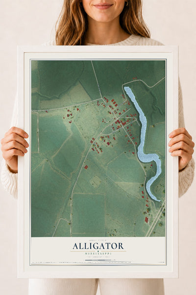 Map of Alligator, Mississippi, 18 x 24 inch print in a white wood frame