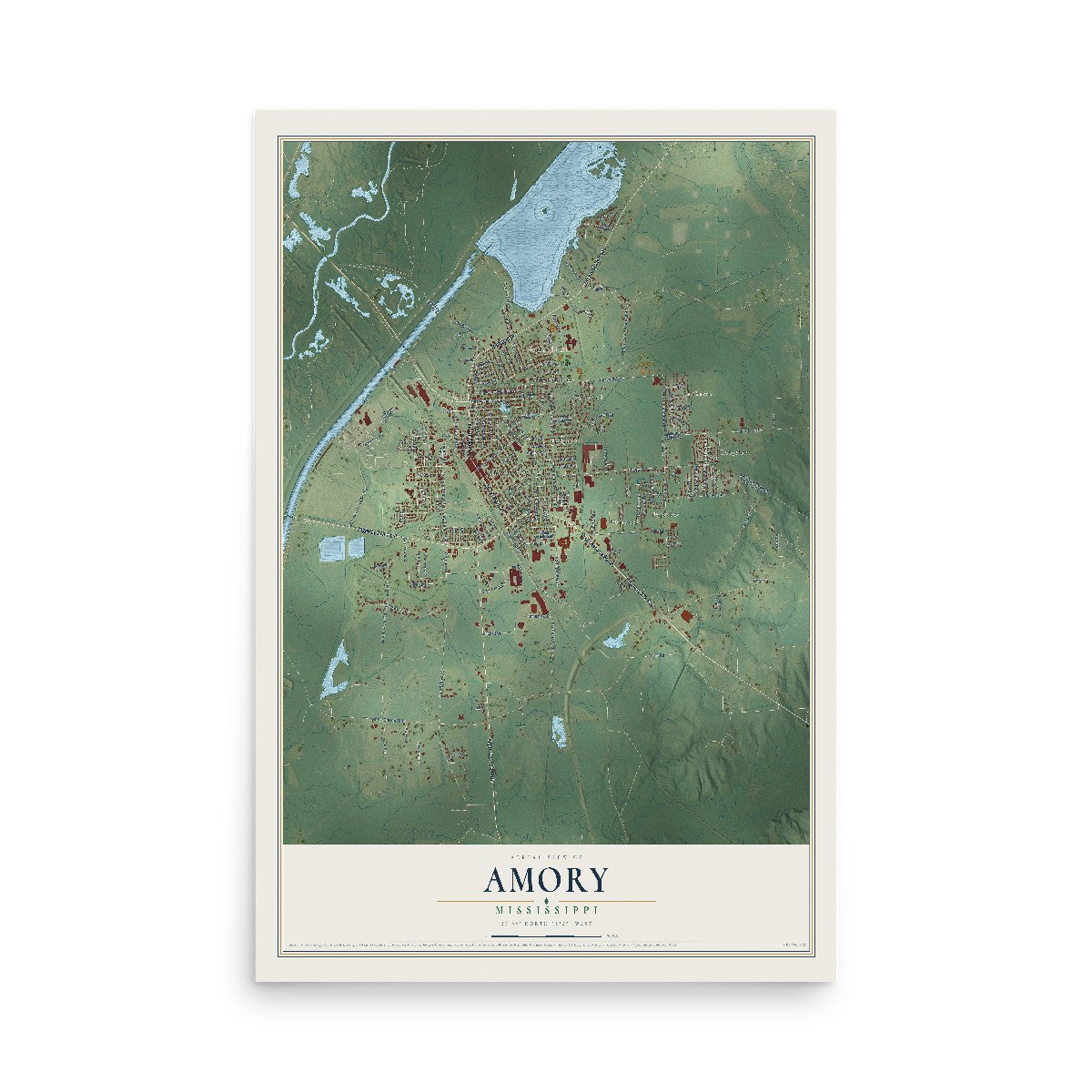Map of Amory, Mississippi, 12 x 18 inch unframed archival matte print