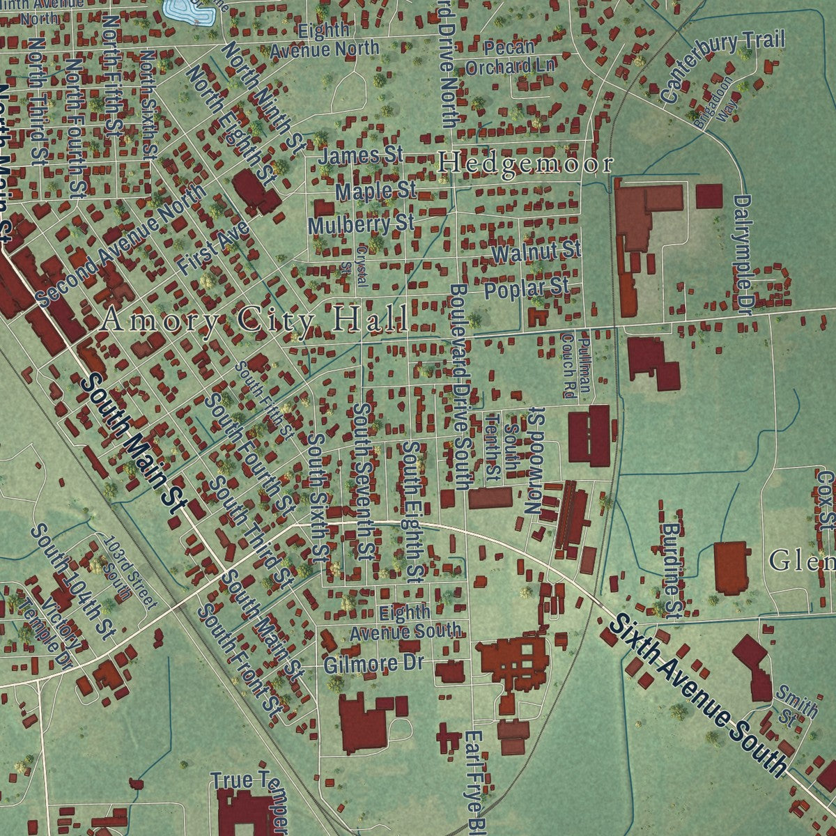 Close-up of the map of Amory, Mississippi print showing street and building detail