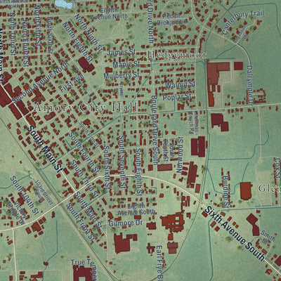 Close-up of the map of Amory, Mississippi print showing street and building detail