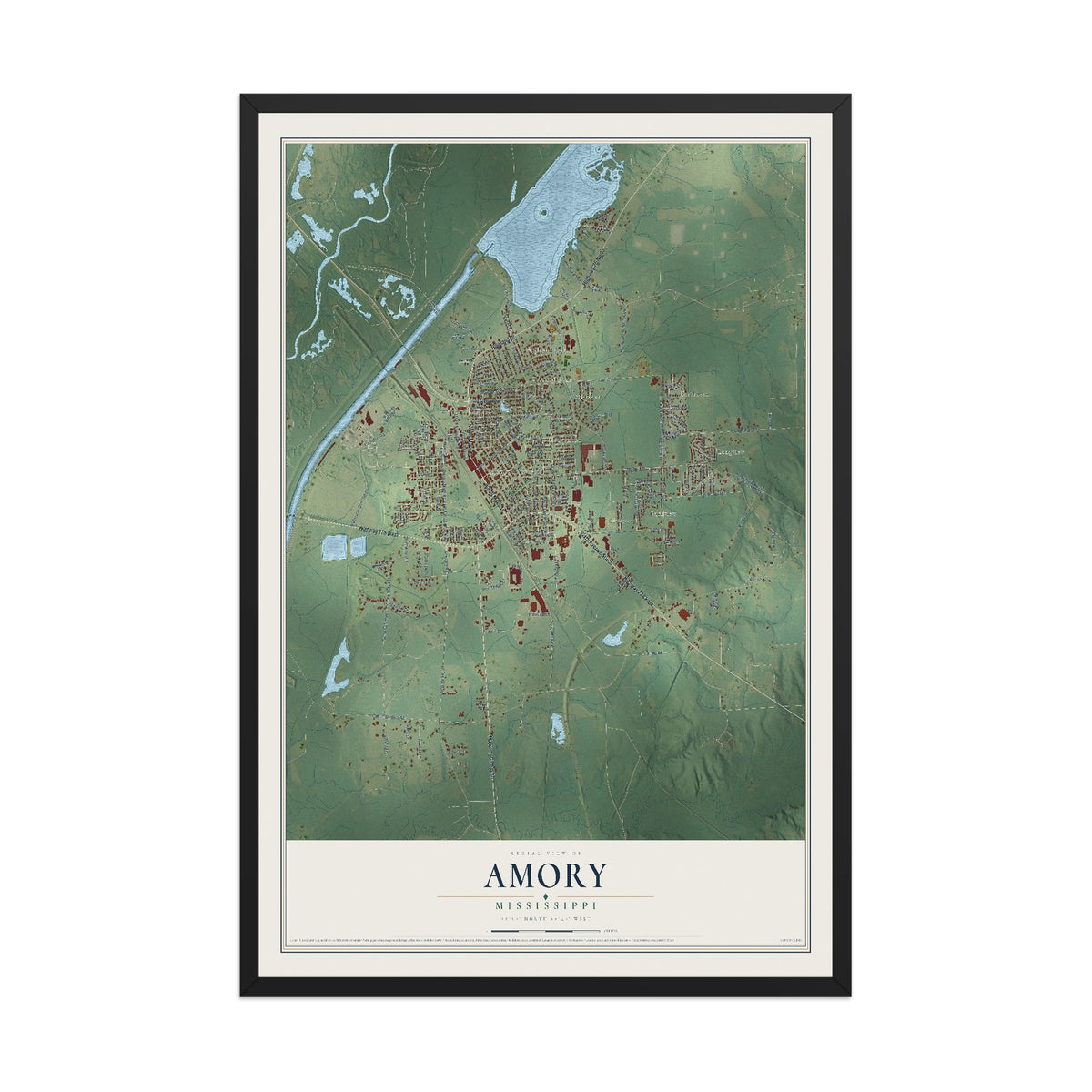 Map of Amory, Mississippi, 12 x 18 inch print in a black wood frame