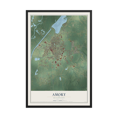 Map of Amory, Mississippi, 12 x 18 inch print in a black wood frame