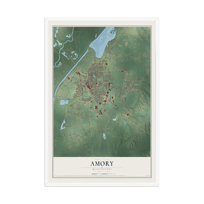 Map of Amory, Mississippi, 12 x 18 inch print in a white wood frame