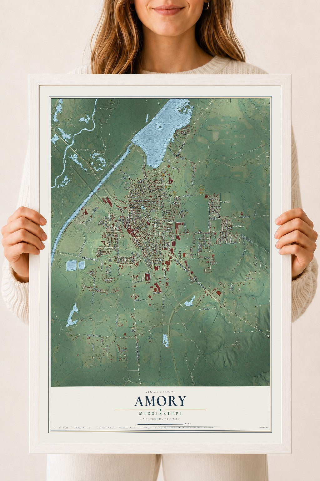 Map of Amory, Mississippi, 18 x 24 inch print in a white wood frame