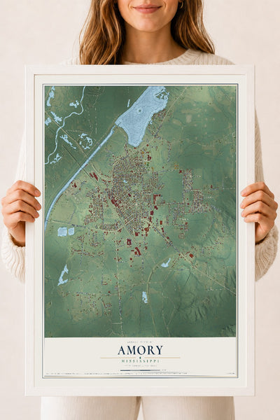 Map of Amory, Mississippi, 18 x 24 inch print in a white wood frame