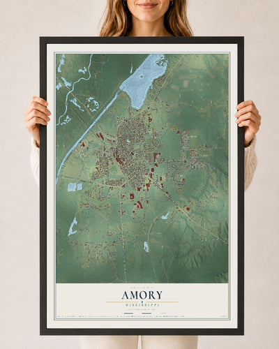 Map of Amory, Mississippi, 24 x 36 inch print in a black wood frame