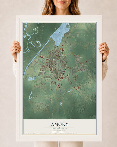 Map of Amory, Mississippi, 24 x 36 inch print in a white wood frame