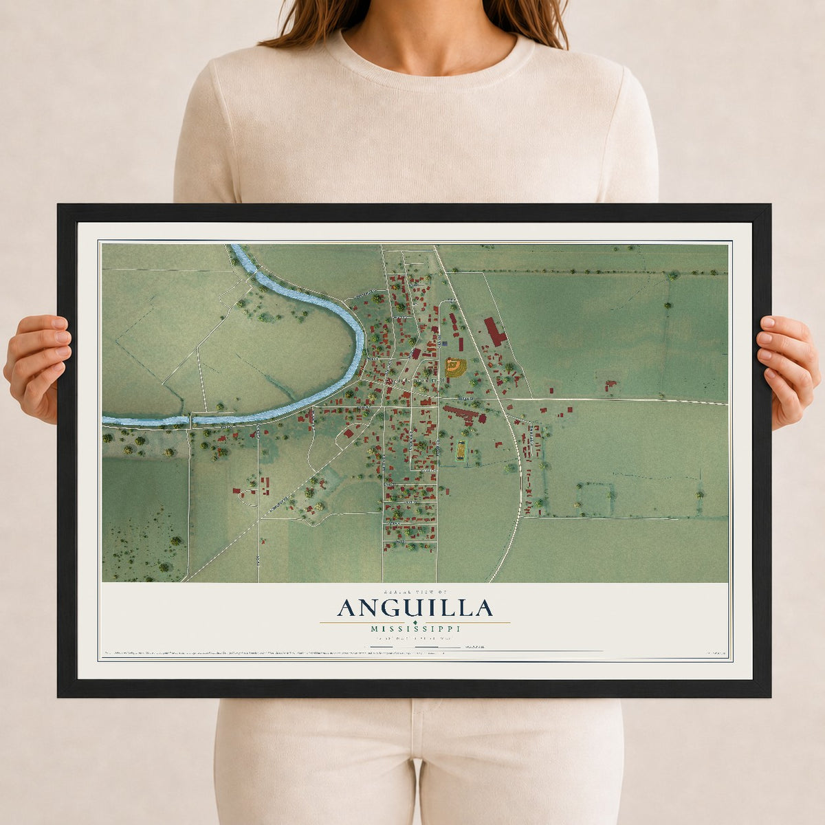 Map of Anguilla, Mississippi, 12 x 18 inch print in a black wood frame