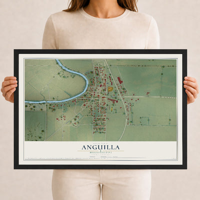 Map of Anguilla, Mississippi, 12 x 18 inch print in a black wood frame
