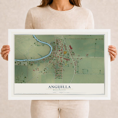 Map of Anguilla, Mississippi, 12 x 18 inch print in a white wood frame