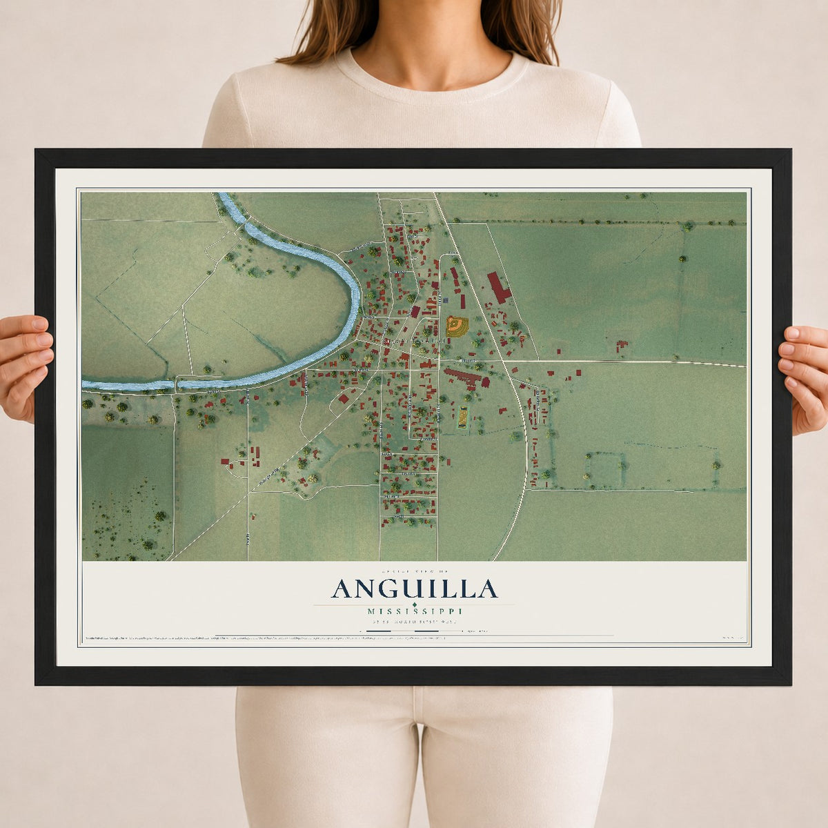 Map of Anguilla, Mississippi, 18 x 24 inch print in a black wood frame