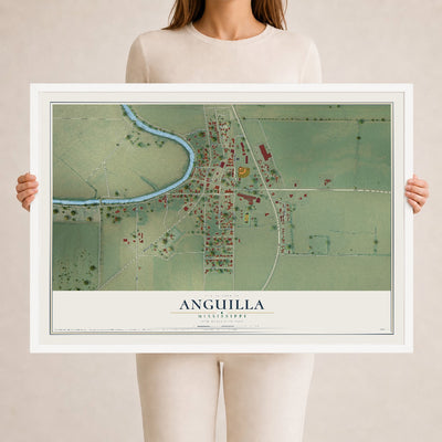 Map of Anguilla, Mississippi, 24 x 36 inch print in a white wood frame