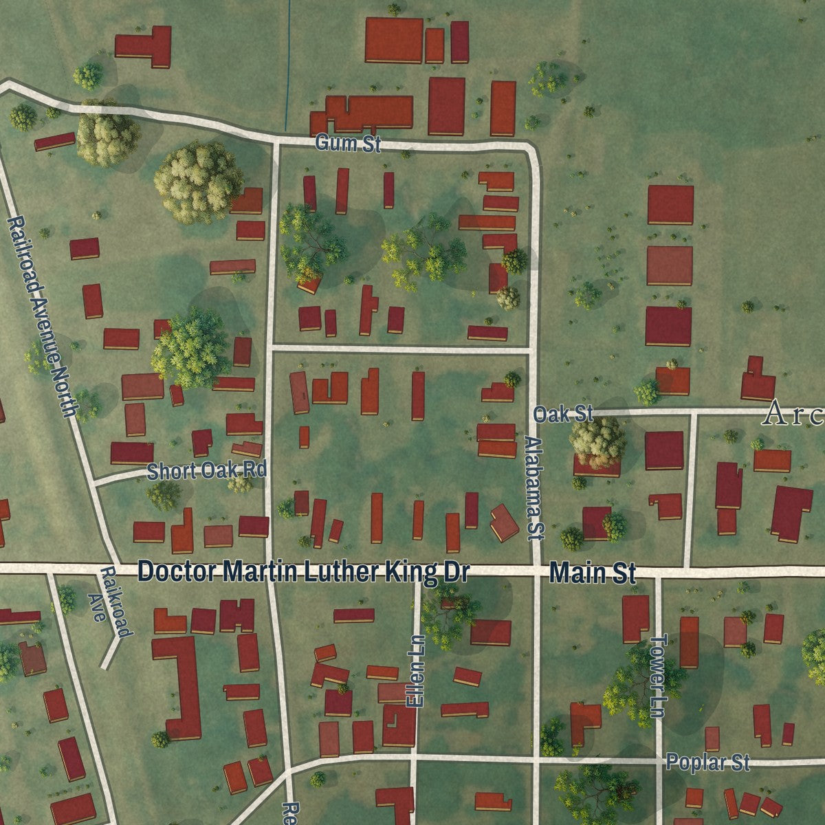 Close-up of the map of Arcola, Mississippi print showing street and building detail