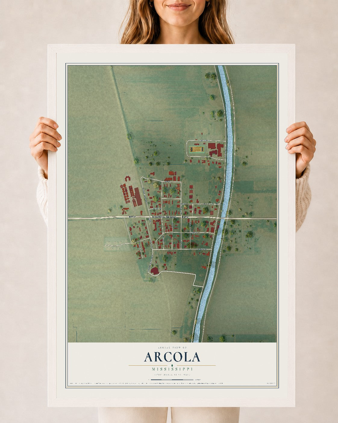 Map of Arcola, Mississippi, 24 x 36 inch print in a white wood frame