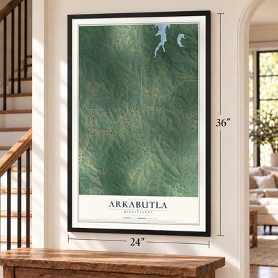 Arkabutla, Mississippi map, 24 x 36 inch print in a black frame by a staircase