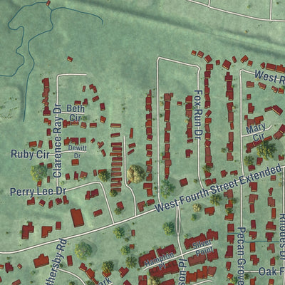 Close-up of the map of Arnold Line, Mississippi print showing street and building detail
