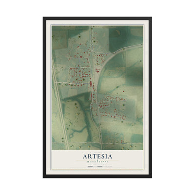 Map of Artesia, Mississippi, 12 x 18 inch print in a black wood frame