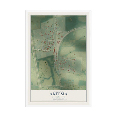 Map of Artesia, Mississippi, 12 x 18 inch print in a white wood frame