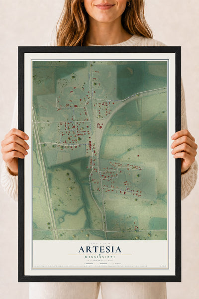 Map of Artesia, Mississippi, 18 x 24 inch print in a black wood frame