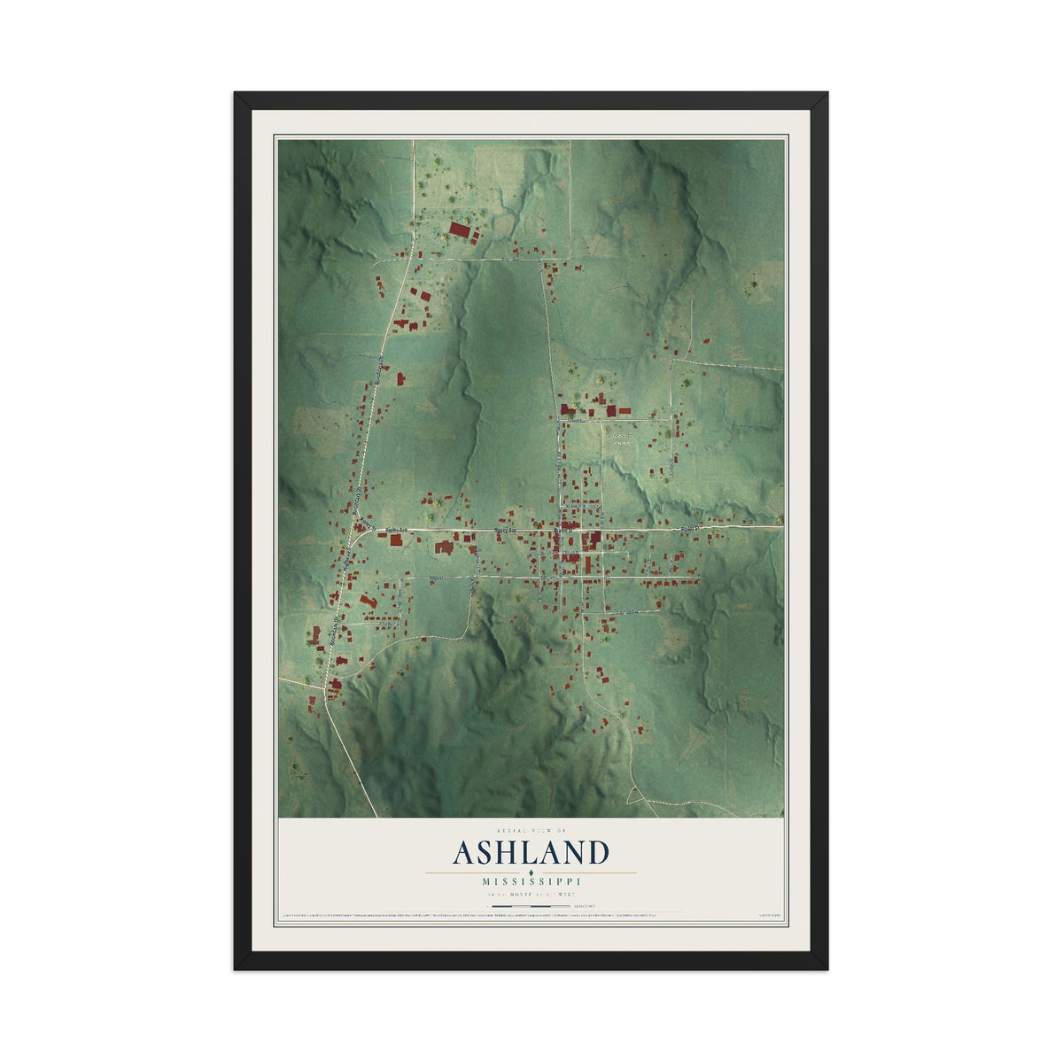 Map of Ashland, Mississippi, 12 x 18 inch print in a black wood frame