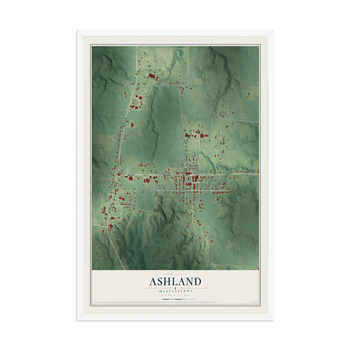 Map of Ashland, Mississippi, 12 x 18 inch print in a white wood frame