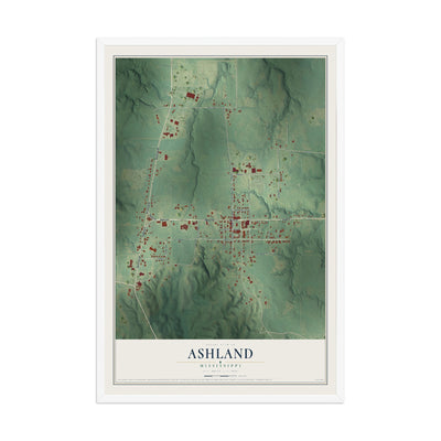 Map of Ashland, Mississippi, 12 x 18 inch print in a white wood frame