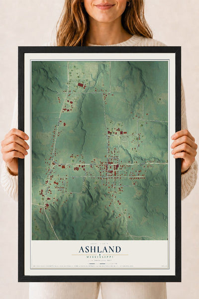 Map of Ashland, Mississippi, 18 x 24 inch print in a black wood frame