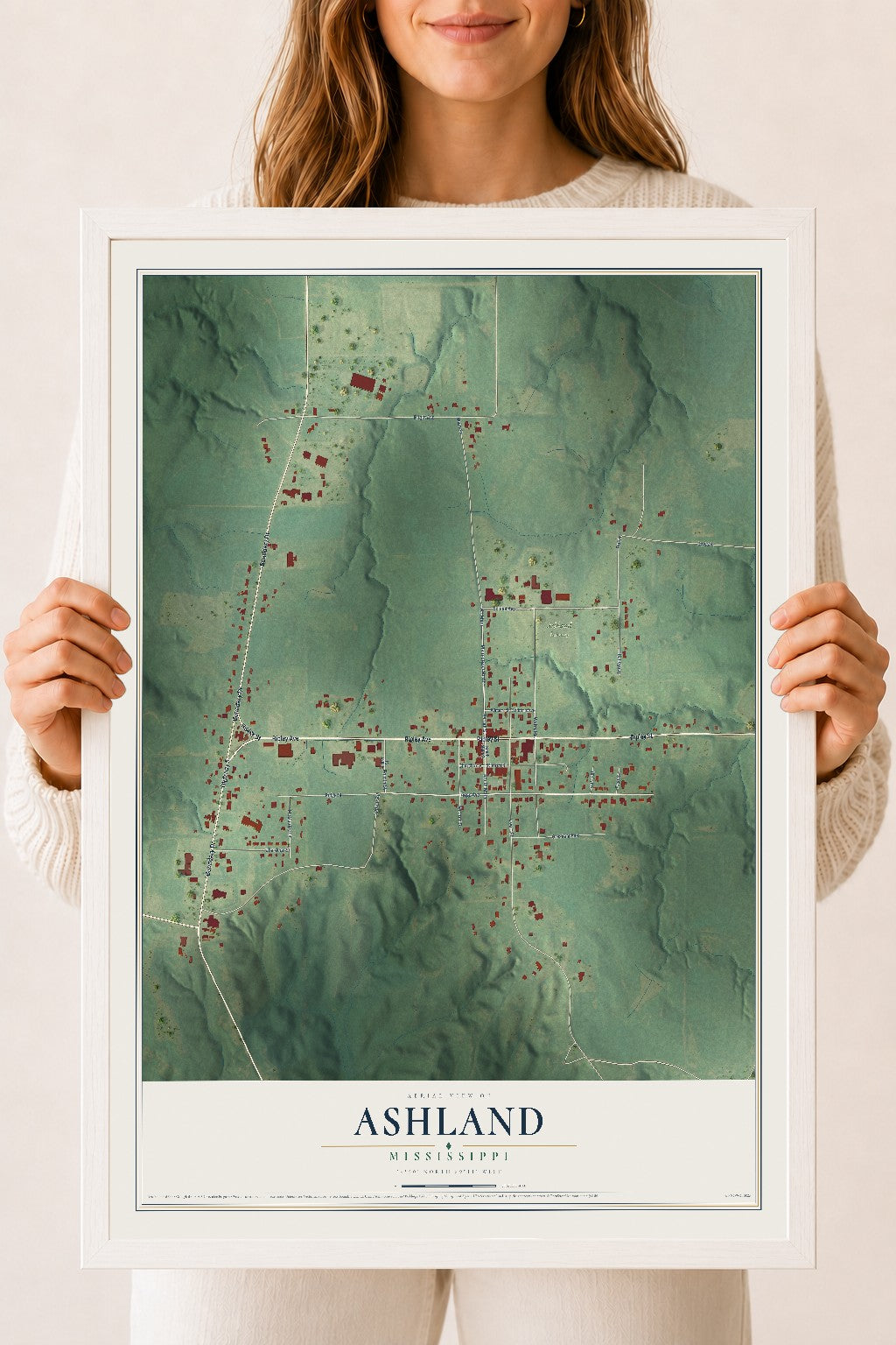 Map of Ashland, Mississippi, 18 x 24 inch print in a white wood frame