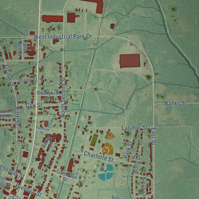 Second close-up of the map of Baldwyn, Mississippi print showing more streets and buildings