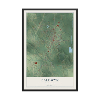 Map of Baldwyn, Mississippi, 12 x 18 inch print in a black wood frame