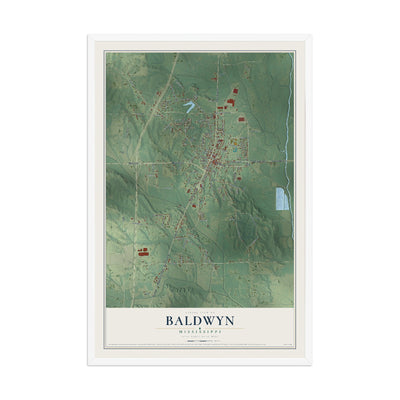Map of Baldwyn, Mississippi, 12 x 18 inch print in a white wood frame