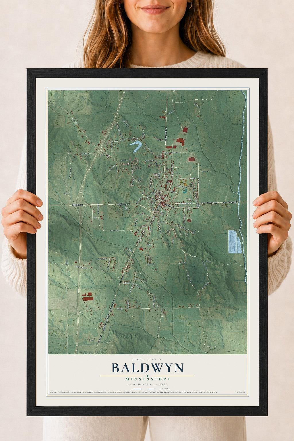 Map of Baldwyn, Mississippi, 18 x 24 inch print in a black wood frame