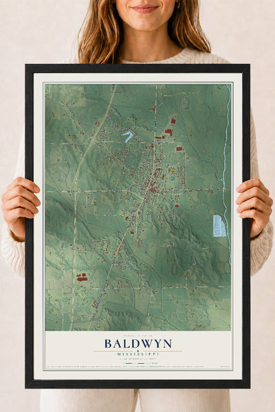 Map of Baldwyn, Mississippi, 18 x 24 inch print in a black wood frame