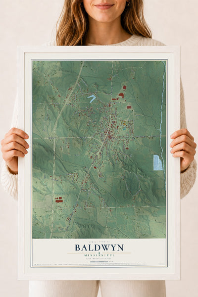 Map of Baldwyn, Mississippi, 18 x 24 inch print in a white wood frame