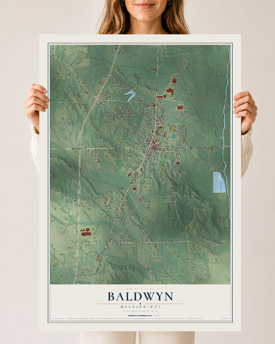 Map of Baldwyn, Mississippi, 24 x 36 inch unframed archival matte print