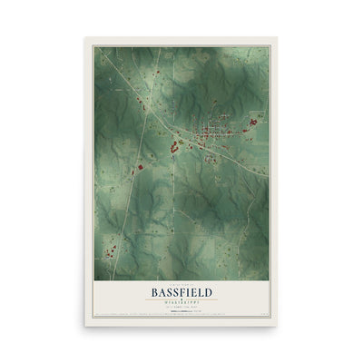 Map of Bassfield, Mississippi, 12 x 18 inch unframed archival matte print