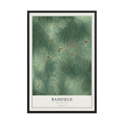 Map of Bassfield, Mississippi, 12 x 18 inch print in a black wood frame