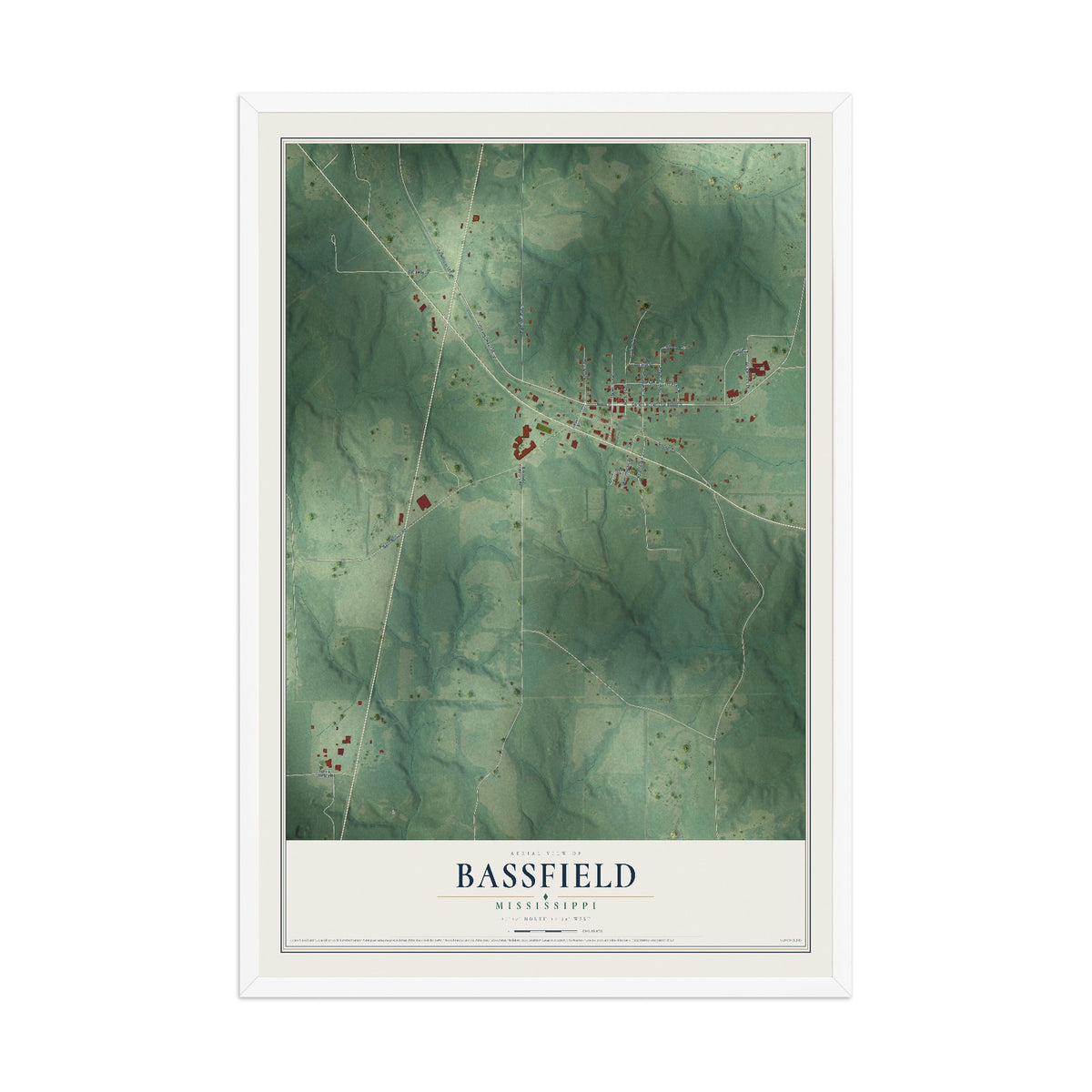 Map of Bassfield, Mississippi, 12 x 18 inch print in a white wood frame