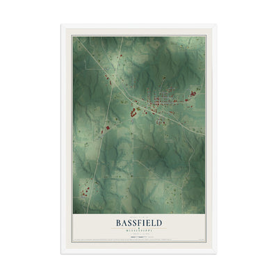 Map of Bassfield, Mississippi, 12 x 18 inch print in a white wood frame