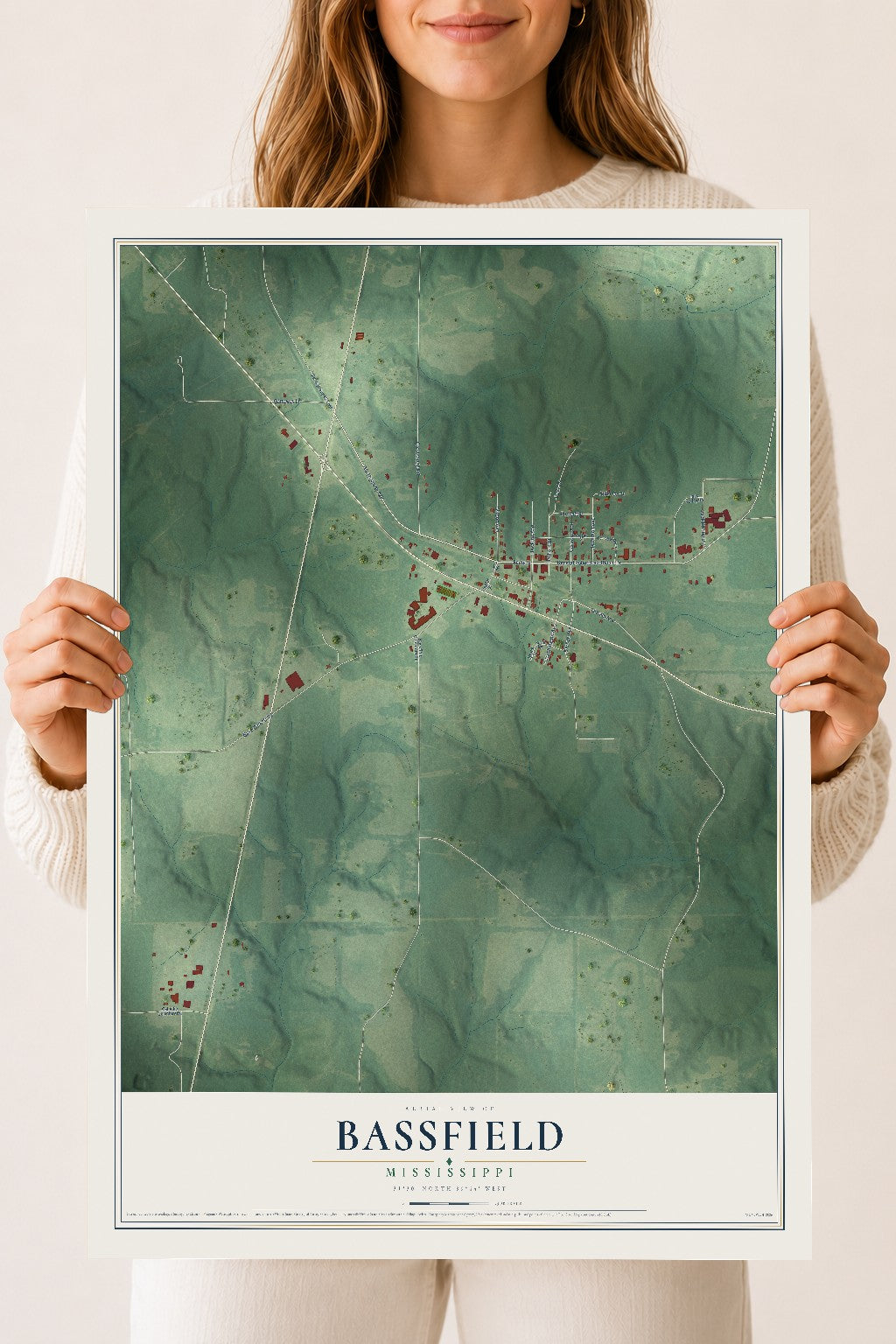 Map of Bassfield, Mississippi, 18 x 24 inch unframed archival matte print